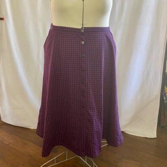 NY Collection Retro Navy Blue Pink Windowpane Plaid Button Down Aline Skirt - Picture 1 of 4